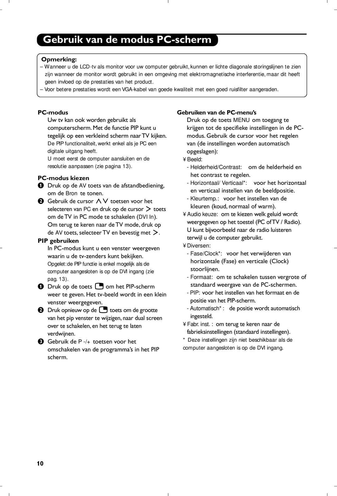 Philips 26PF5320/10 manual Gebruik van de modus PC-scherm 