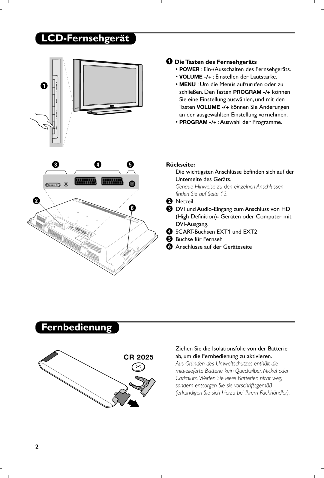 Philips 26PF5320/10 manual LCD-Fernsehgerät, Fernbedienung, Die Tasten des Fernsehgeräts, Program -/+ Auswahl der Programme 