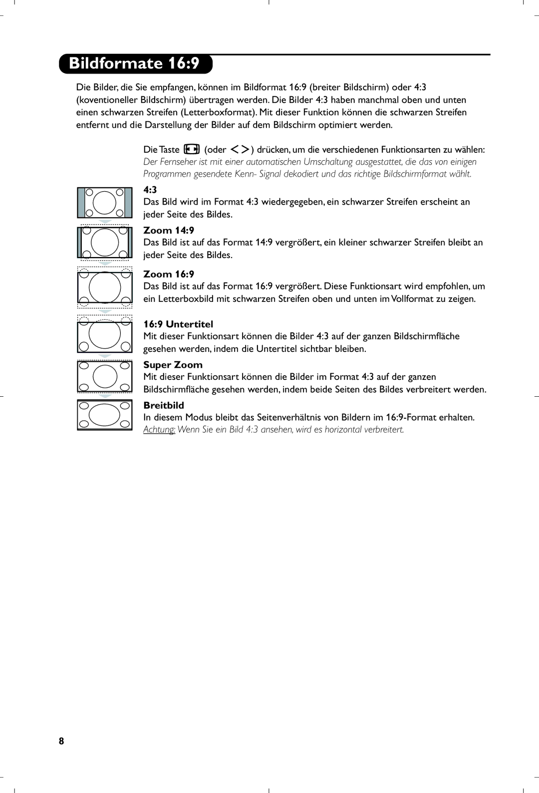 Philips 26PF5320/10 manual Bildformate, Untertitel, Super Zoom, Breitbild 