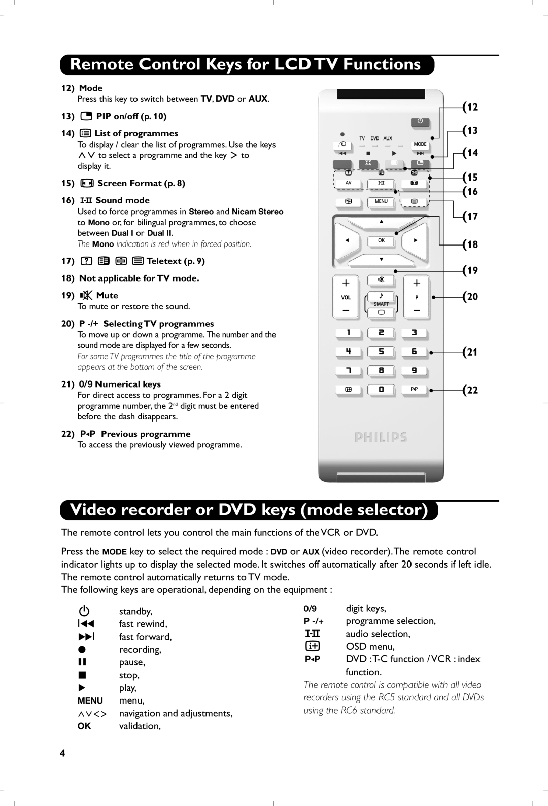 Philips 26PF5320/10 manual Video recorder or DVD keys mode selector, 12 13 18 19 