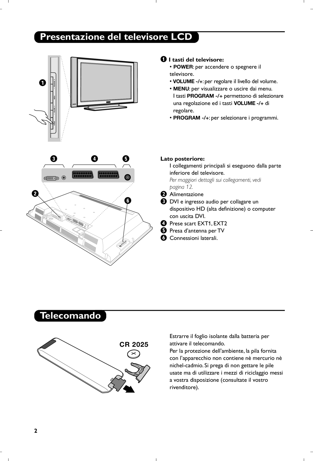 Philips 26PF5320/10 manual Presentazione del televisore LCD, Telecomando, Tasti del televisore, Lato posteriore 