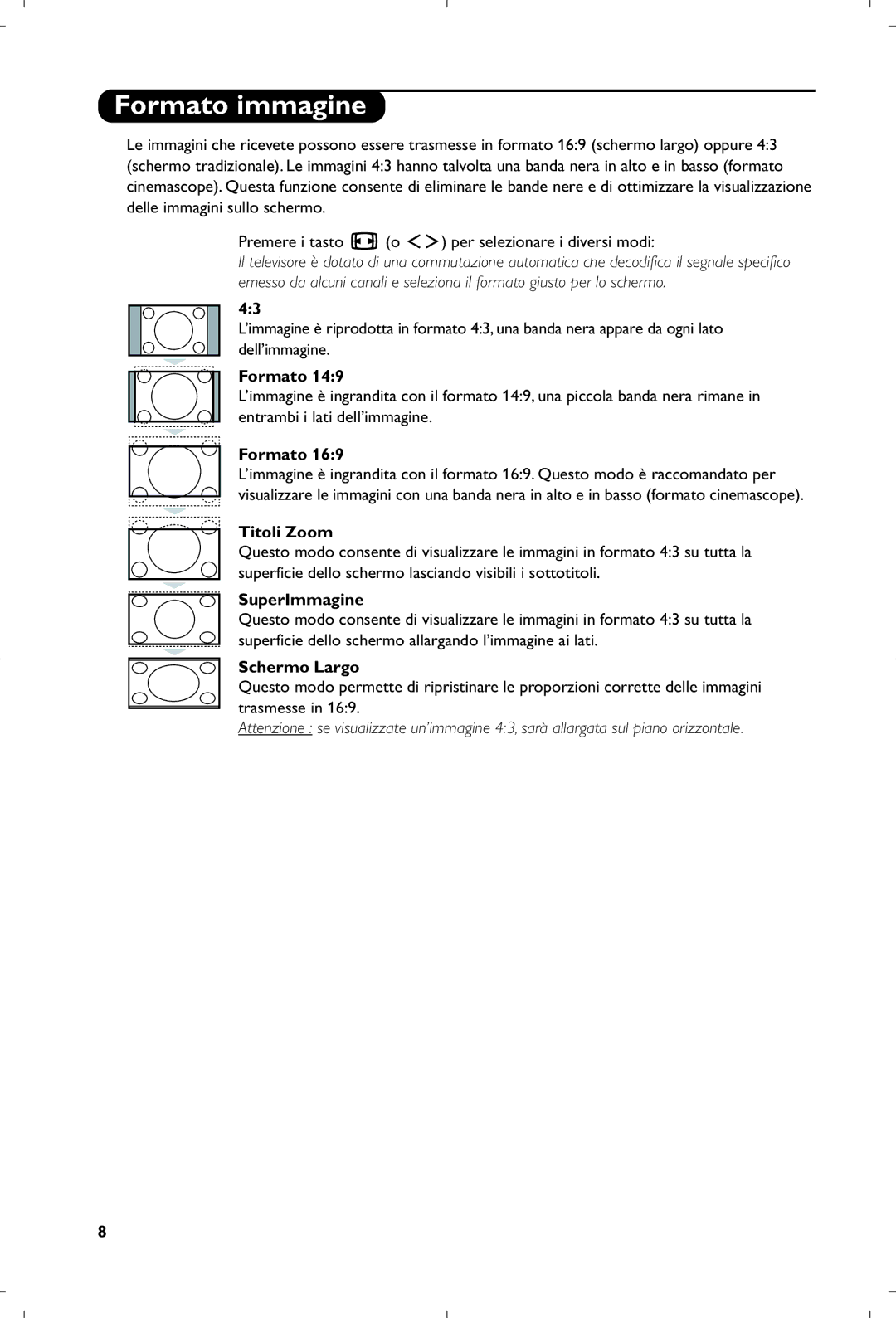 Philips 26PF5320/10 manual Formato immagine, Titoli Zoom, SuperImmagine, Schermo Largo 