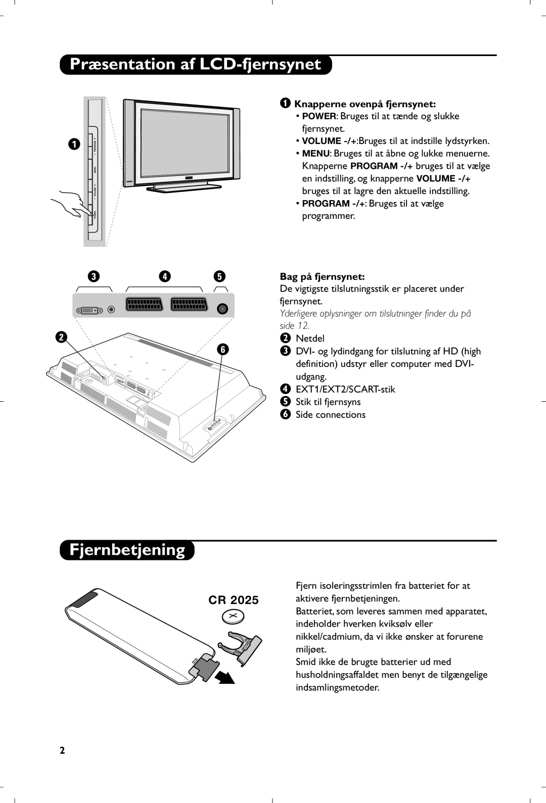 Philips 26PF5320/10 manual Præsentation af LCD-fjernsynet, Fjernbetjening, Knapperne ovenpå fjernsynet, Bag på fjernsynet 