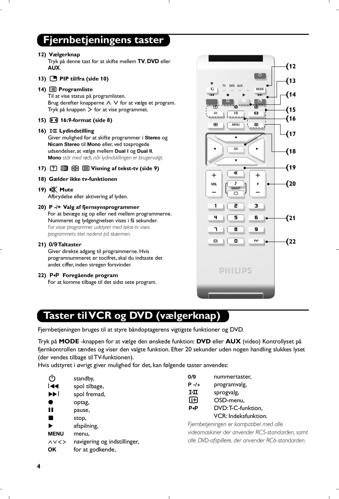 Philips 26PF5320/10 manual Taster til VCR og DVD vælgerknap 