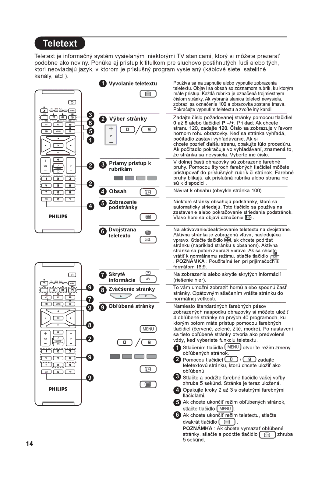 Philips 32PF5321, 26PF5321 manual Teletext, Obsah Zobrazenie Podstránky Dvojstranateletextu 