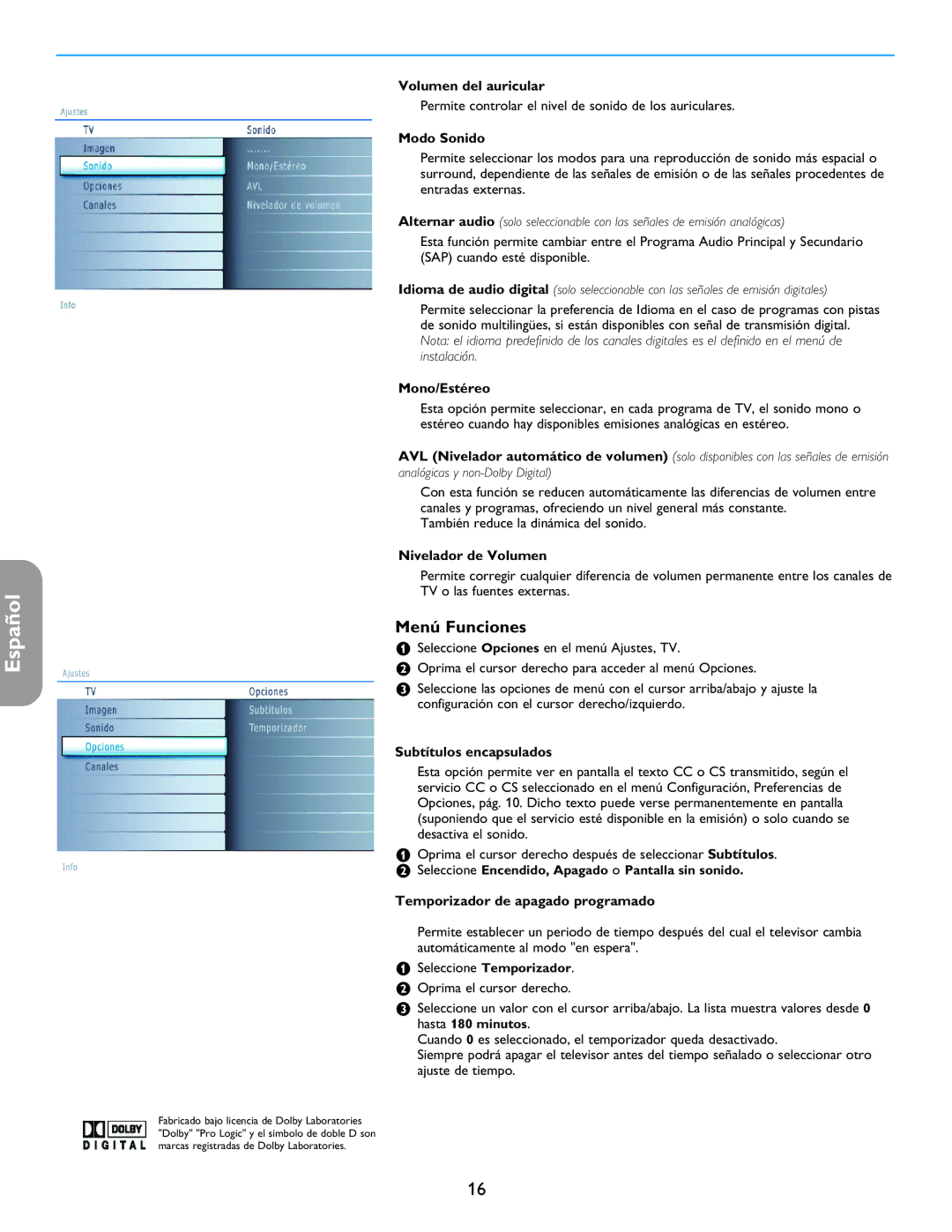 Philips 26PF5321D/37 user manual Menú Funciones 