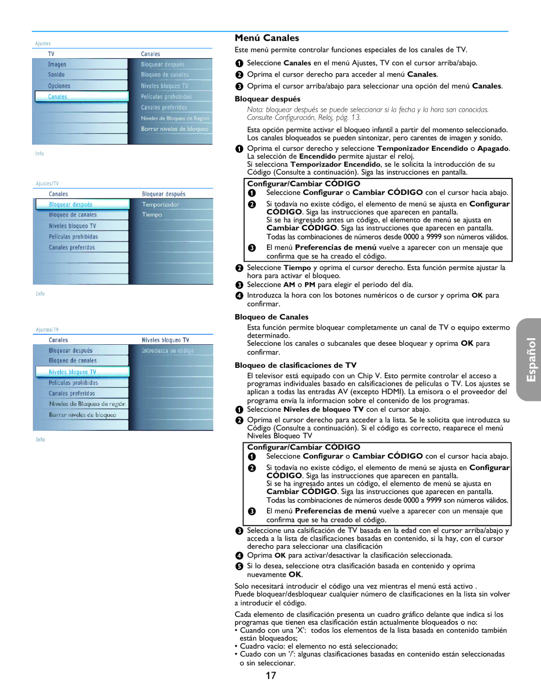 Philips 26PF5321D/37 user manual Menú Canales, Bloquear después, Bloqueo de Canales, Bloqueo de clasificaciones de TV 