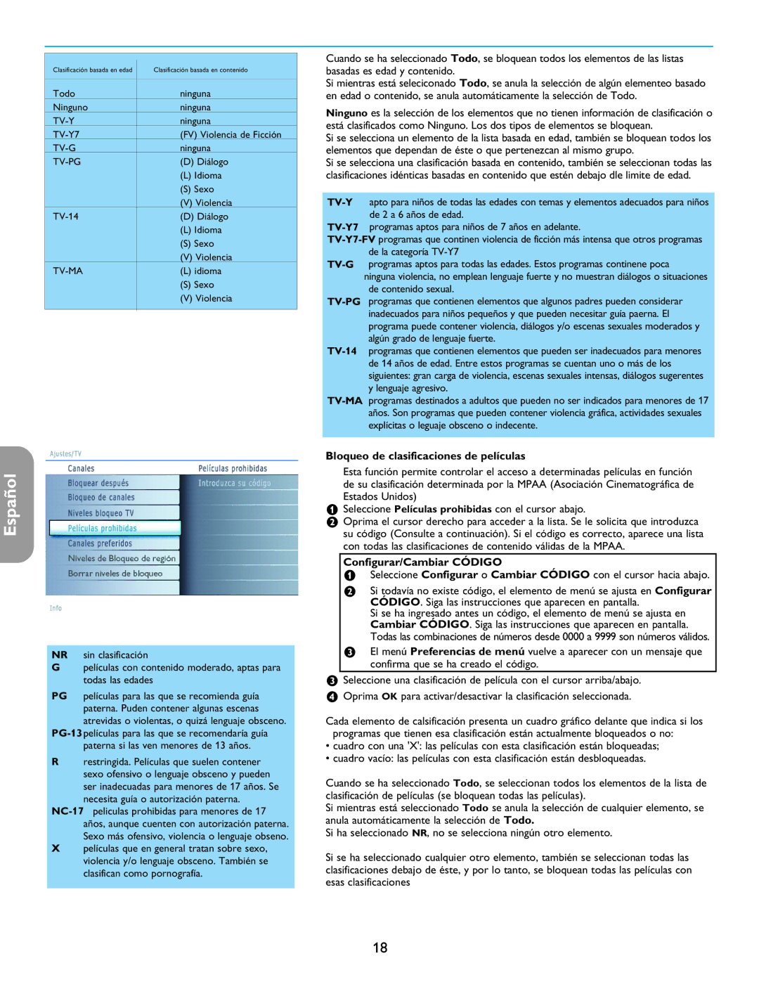 Philips 26PF5321D/37 user manual Bloqueo de clasificaciones de películas 