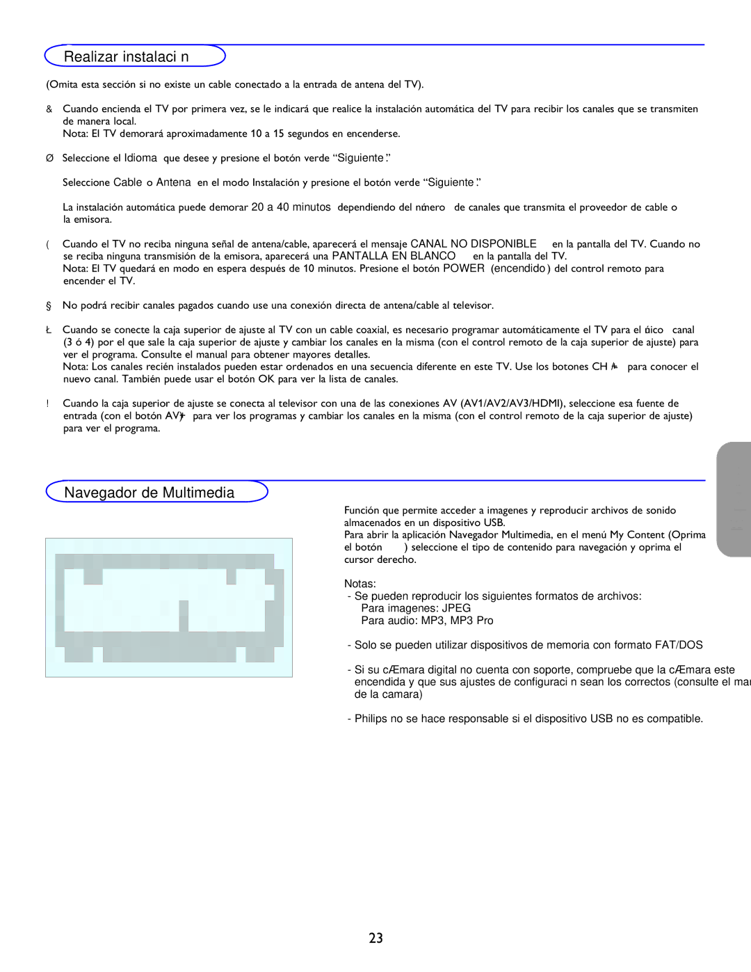 Philips 26PF5321D/37 user manual Realizar instalación, Navegador de Multimedia 