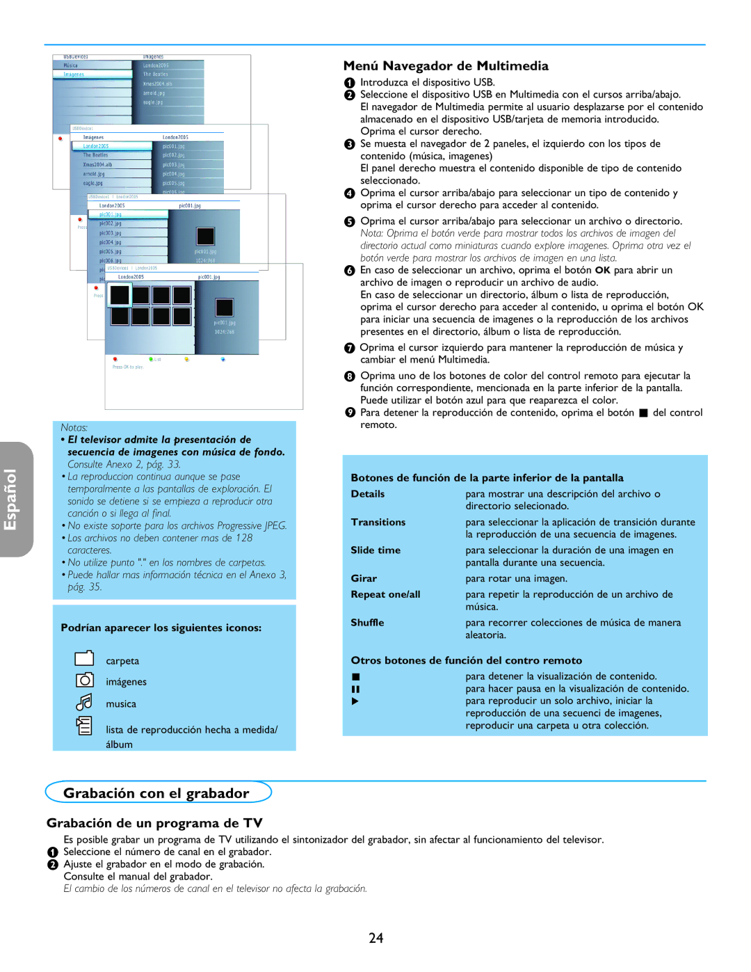 Philips 26PF5321D/37 user manual Grabación con el grabador, Menú Navegador de Multimedia, Grabación de un programa de TV 