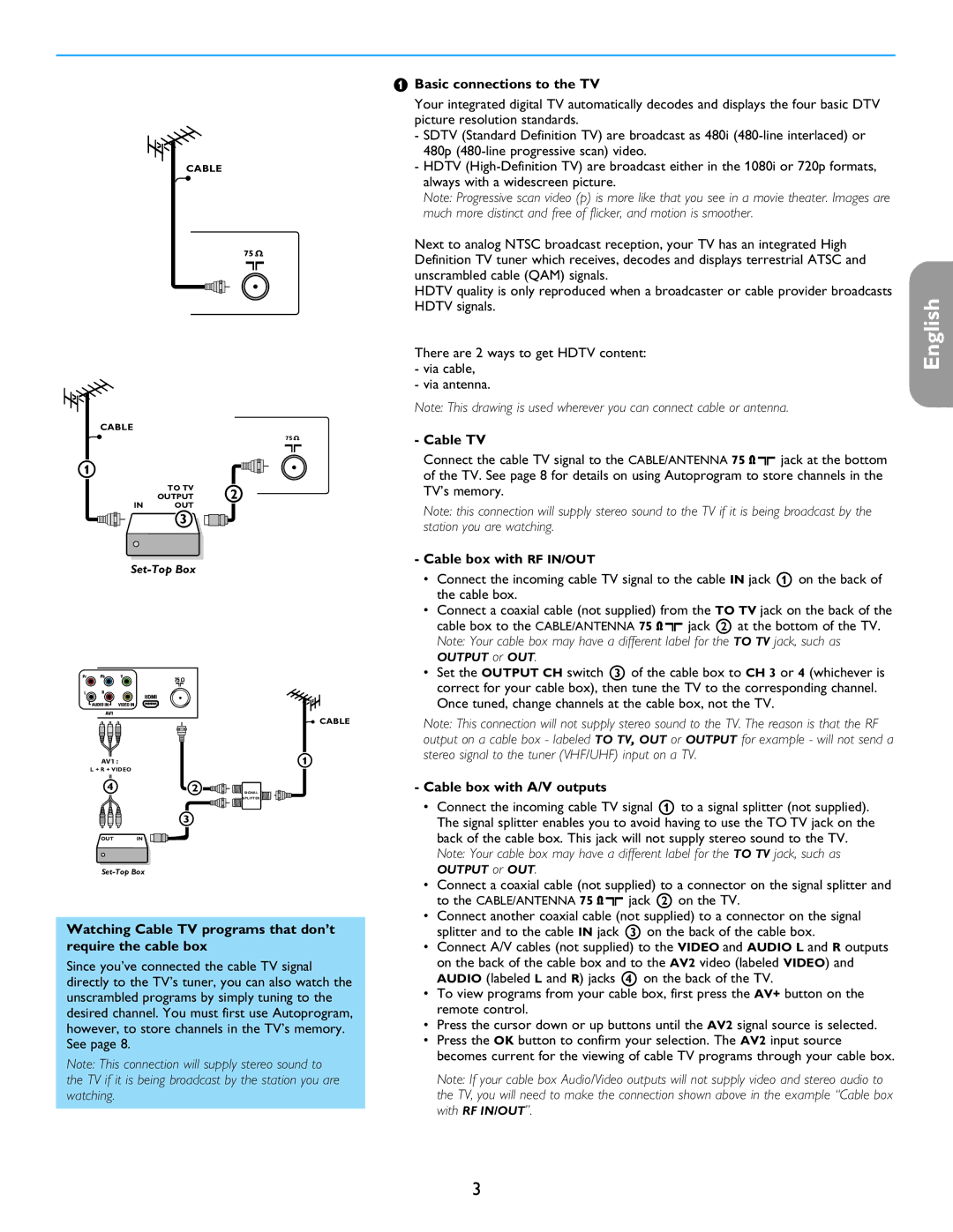 Philips 26PF5321D/37 Basic connections to the TV, Cable TV, Cable box with rf in/out, Cable box with A/V outputs 