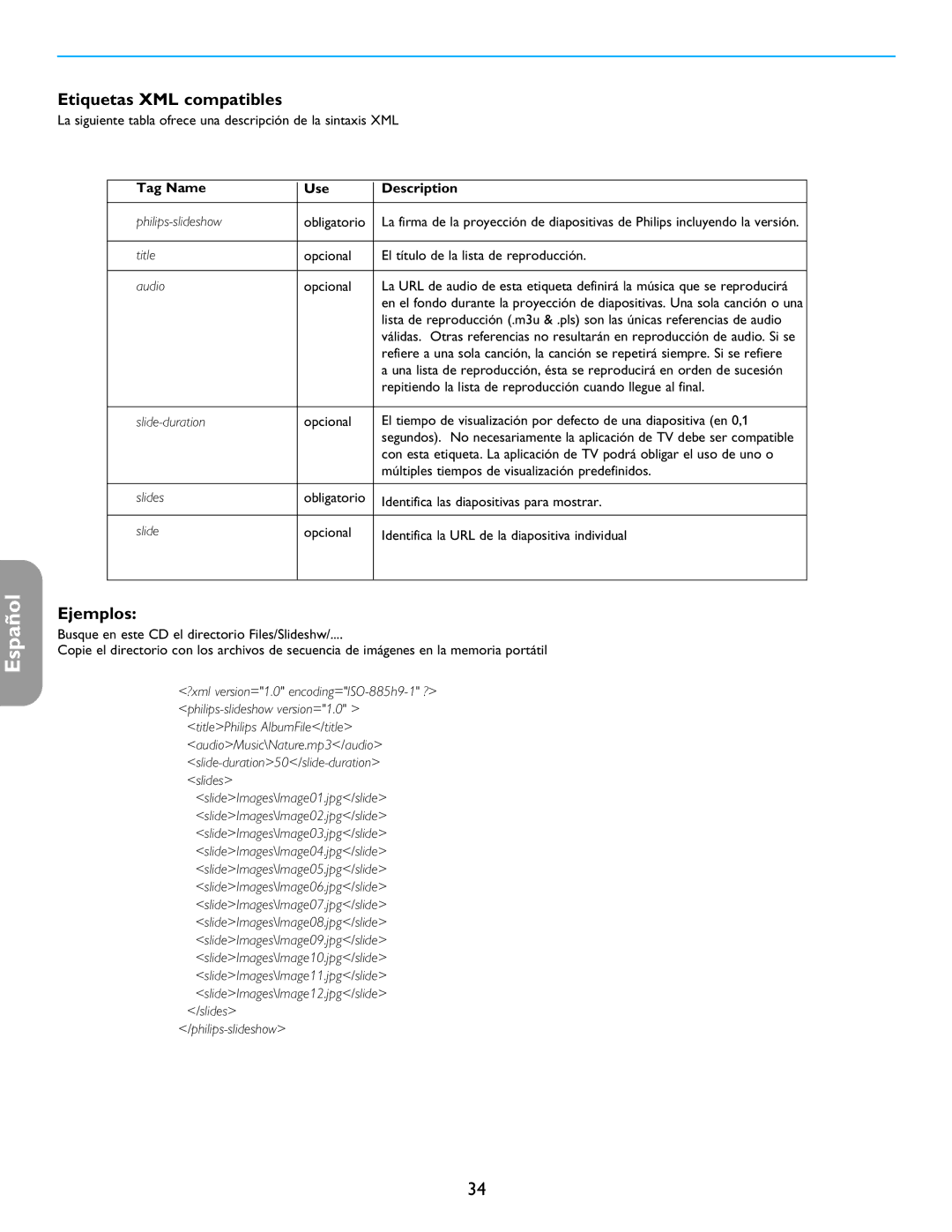 Philips 26PF5321D/37 user manual Etiquetas XML compatibles, Ejemplos 