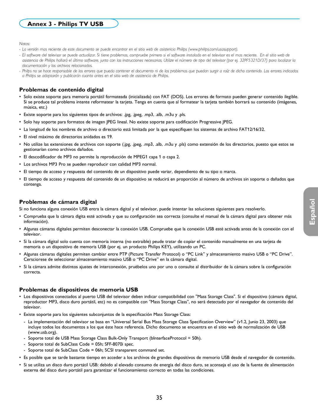 Philips 26PF5321D/37 Problemas de contenido digital, Problemas de cámara digital, Problemas de dispositivos de memoria USB 