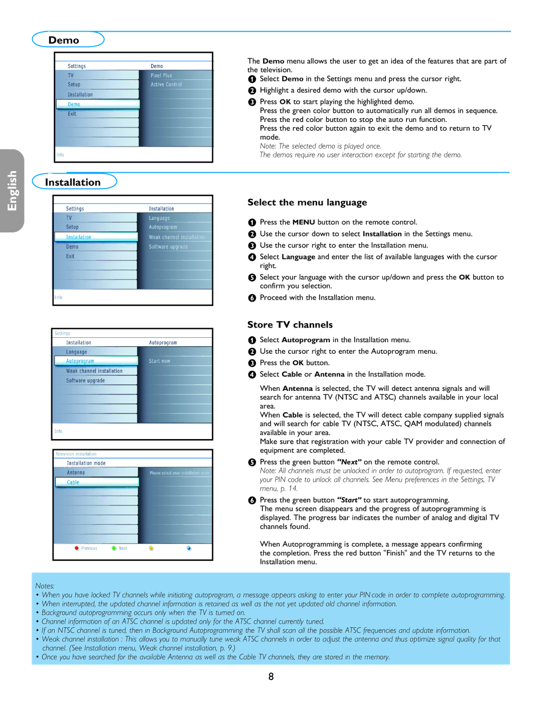 Philips 26PF5321D/37 user manual Demo, Installation, Select the menu language, Store TV channels 