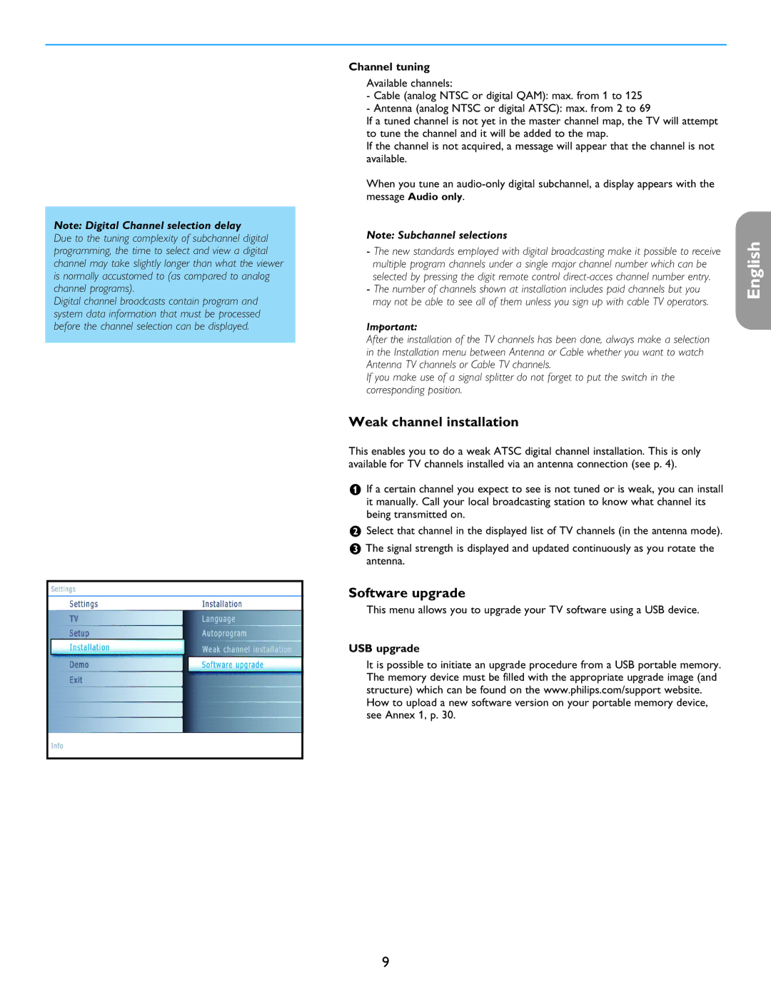 Philips 26PF5321D/37 user manual Weak channel installation, Software upgrade, Channel tuning, USB upgrade 