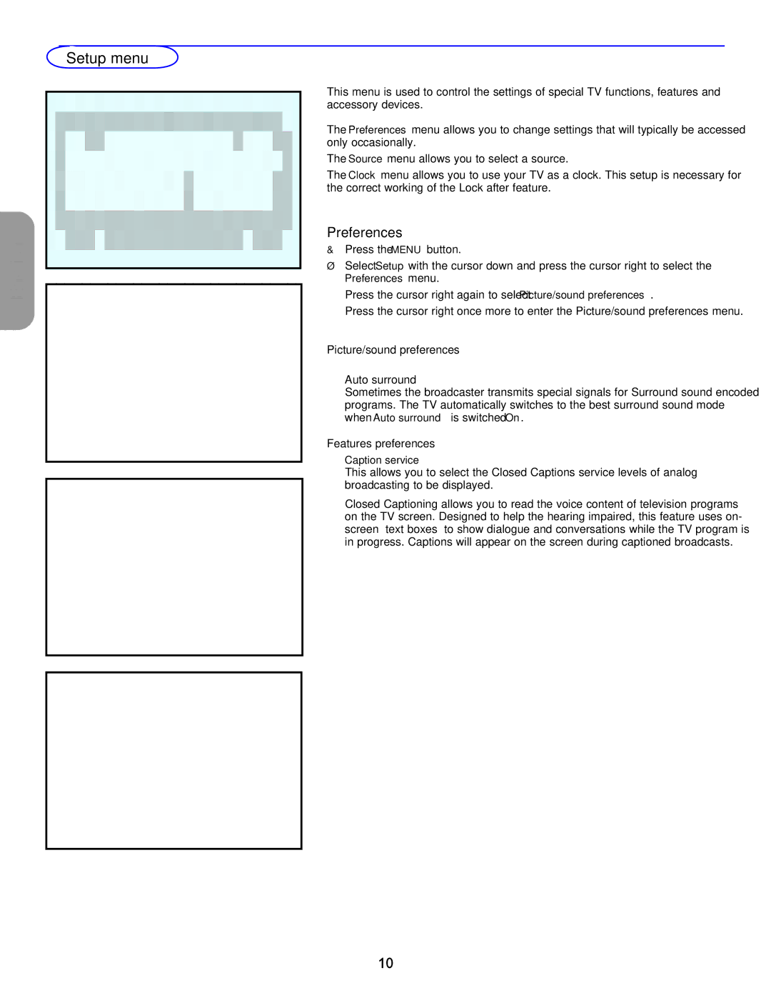 Philips 26PF5321D/37 user manual Setup menu, Preferences, Picture/sound preferences Auto surround, Features preferences 