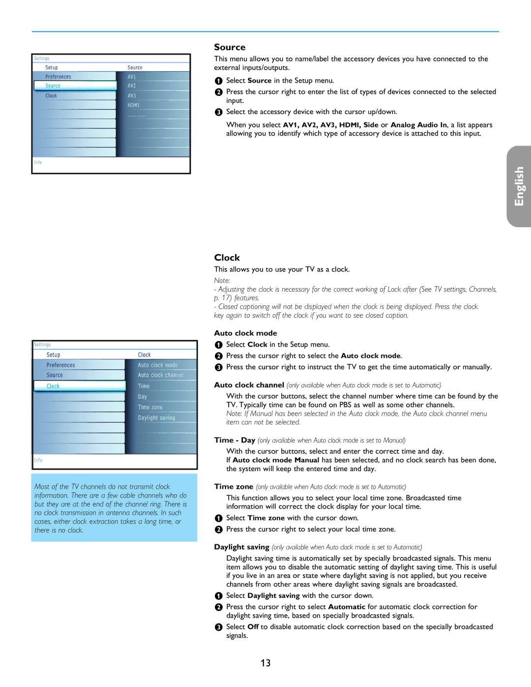 Philips 26PF5321D/37 user manual Source, Clock, Features, Auto clock mode, Item can not be selected 