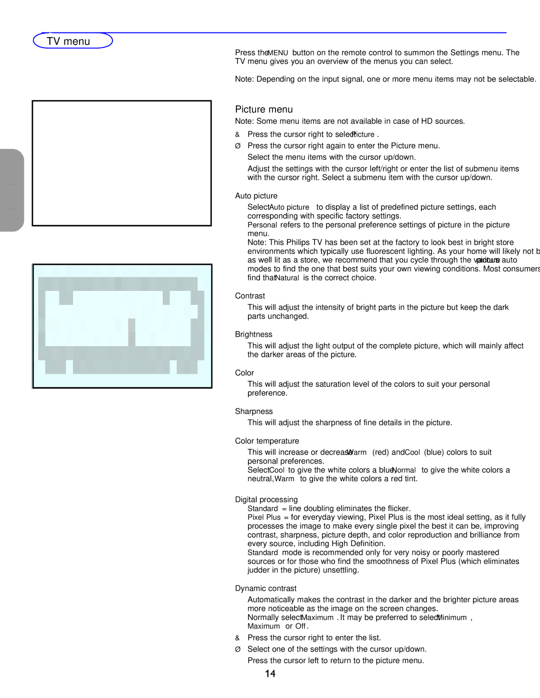 Philips 26PF5321D/37 user manual TV menu, Picture menu 