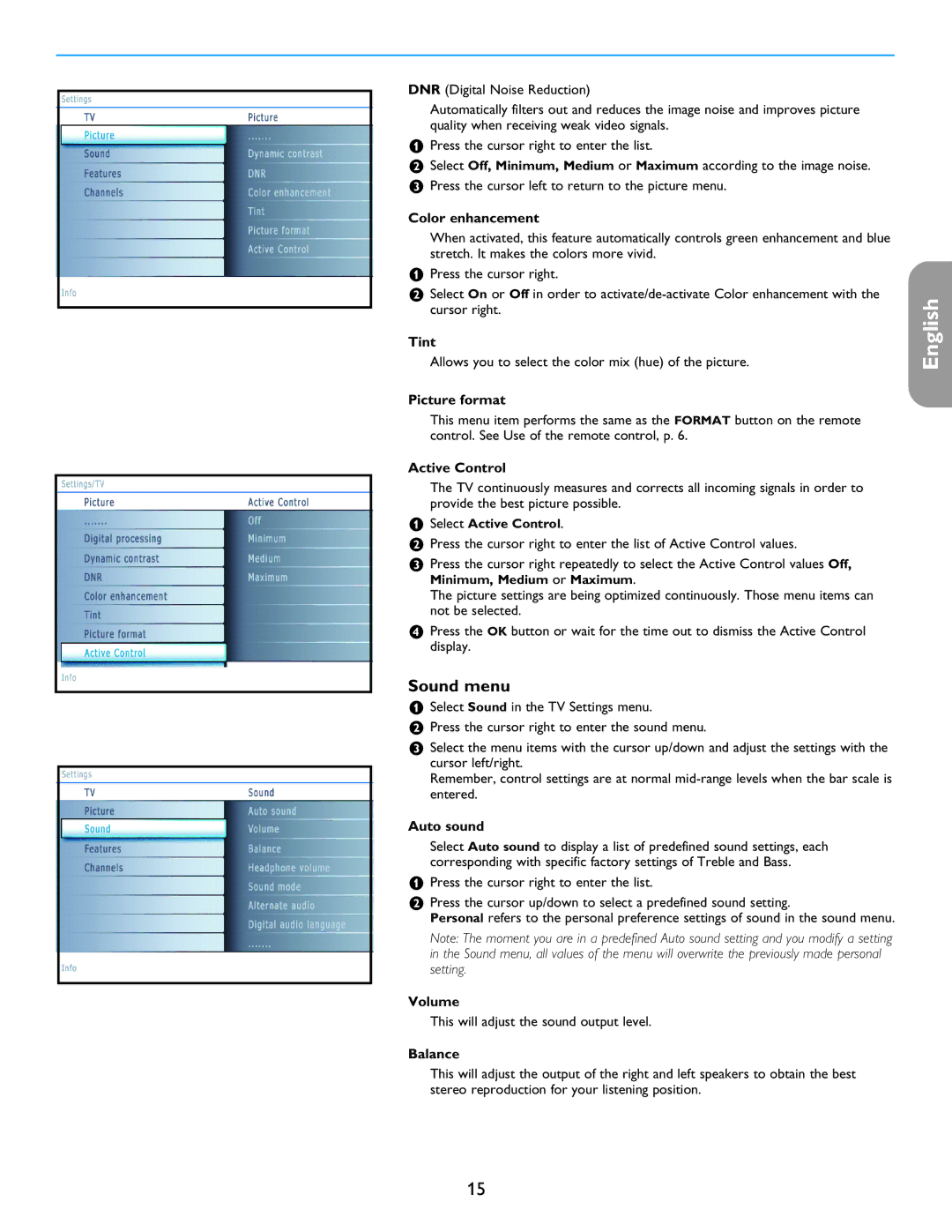 Philips 26PF5321D/37 user manual Sound menu 