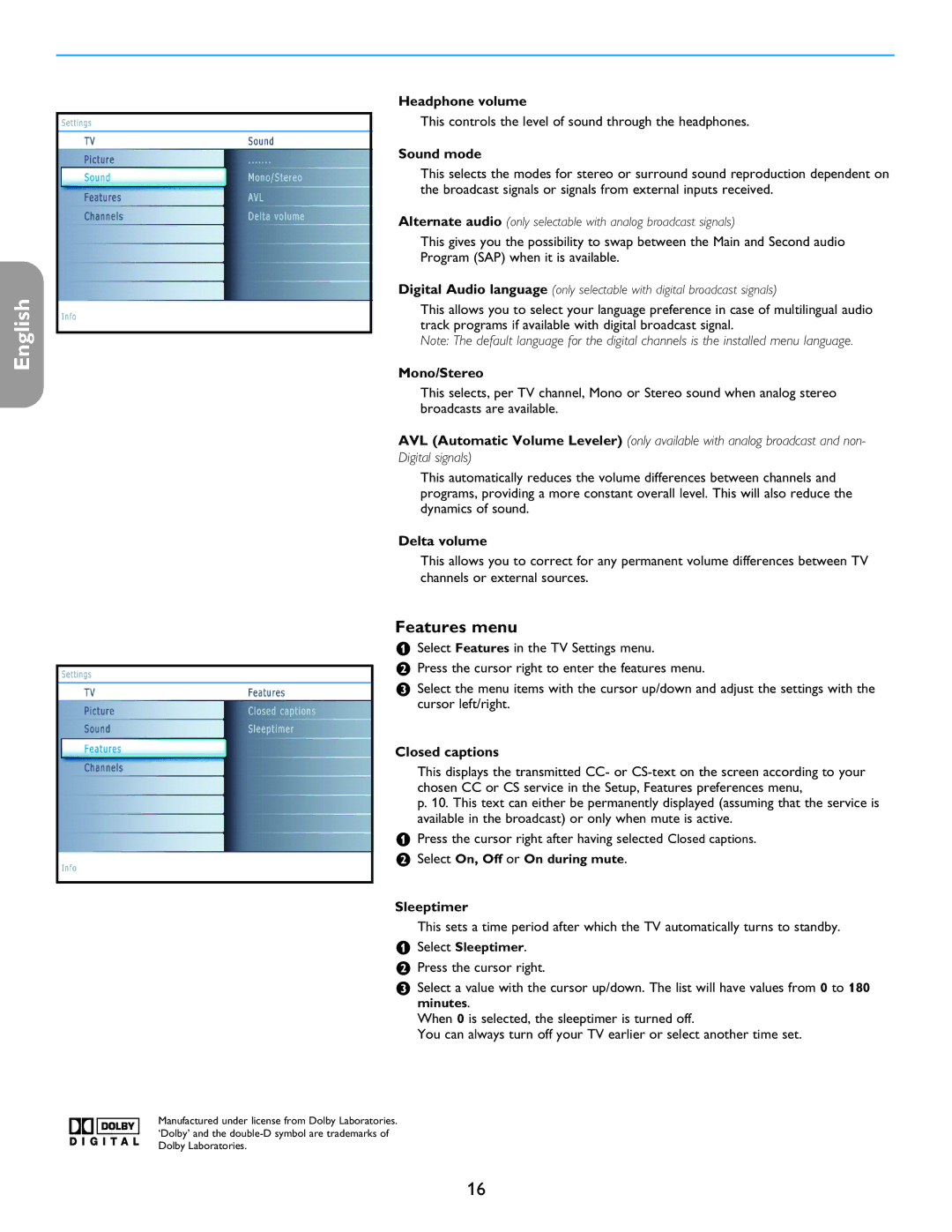 Philips 26PF5321D/37 user manual Features menu 