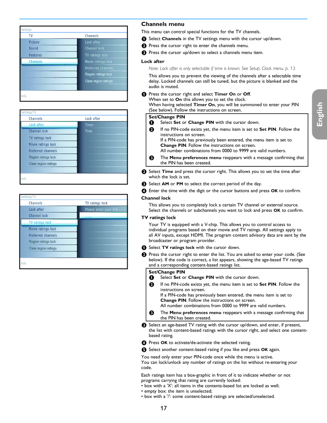 Philips 26PF5321D/37 user manual Channels menu, Lock after, Channel lock, TV ratings lock 