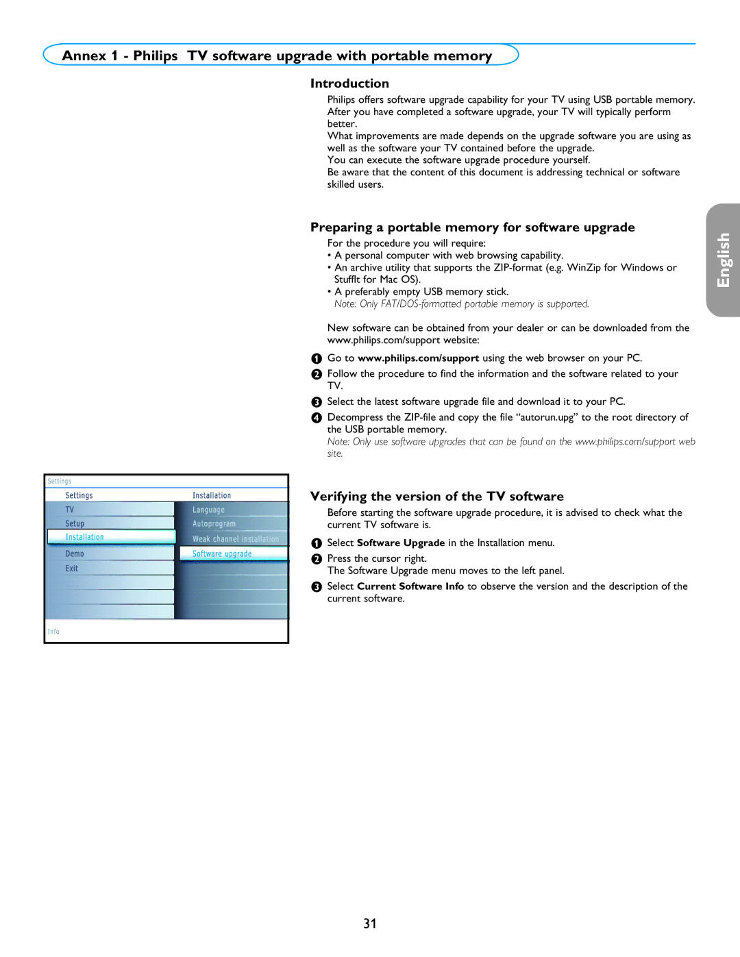 Philips 26PF5321D/37 Annex 1 Philips TV software upgrade with portable memory, Verifying the version of the TV software 