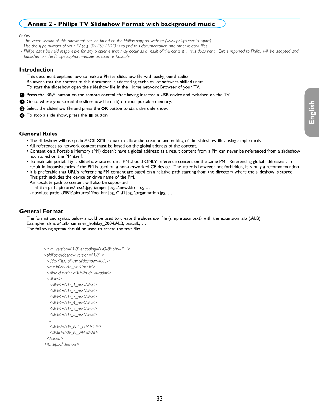 Philips 26PF5321D/37 user manual Annex 2 Philips TV Slideshow Format with background music, General Rules, General Format 