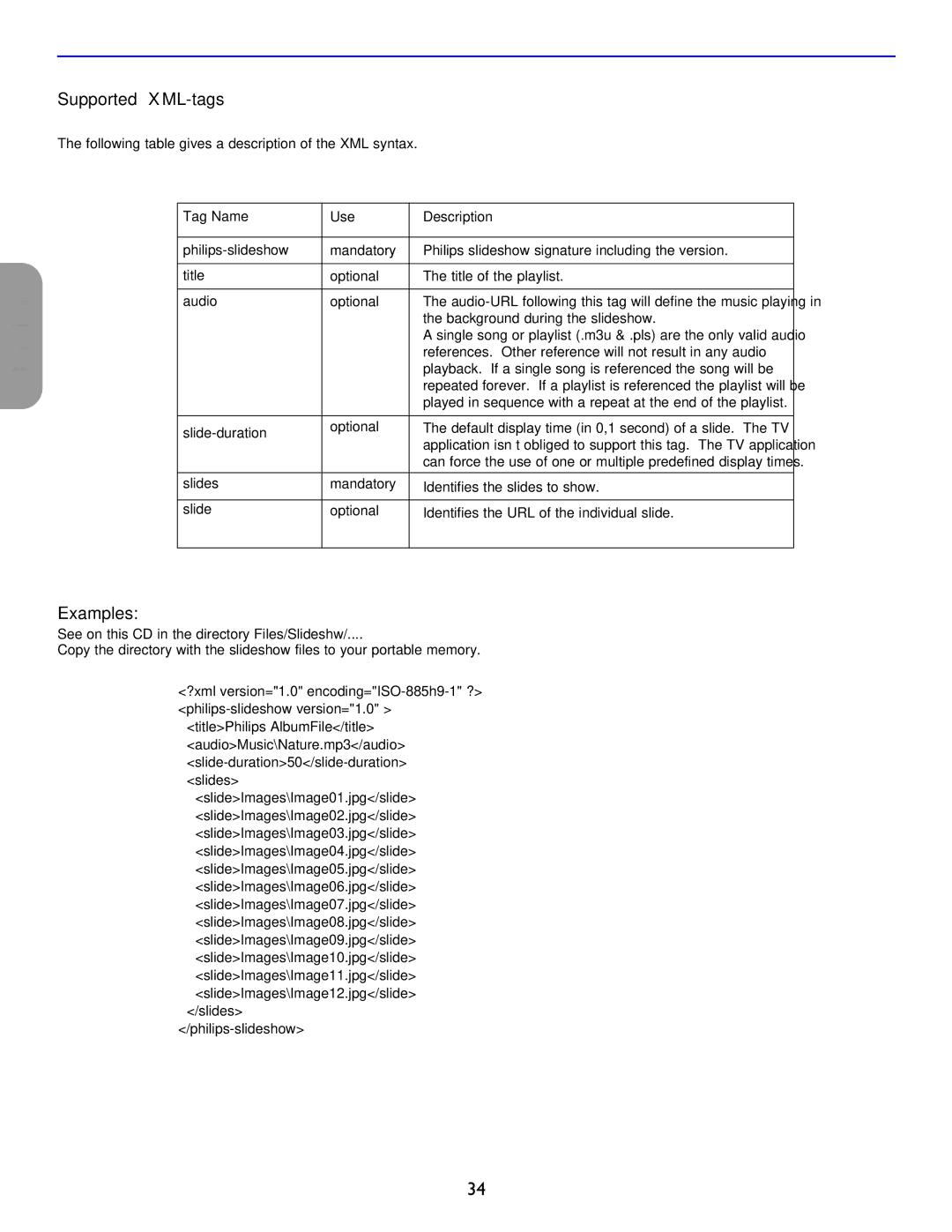 Philips 26PF5321D/37 user manual Supported XML-tags, Examples 