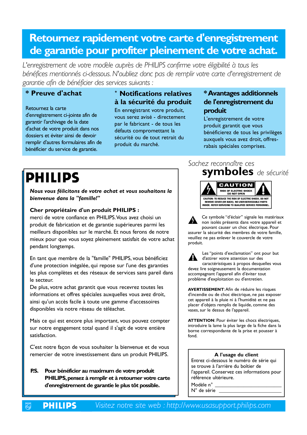 Philips 26PF5321D/37 user manual Produit, Cher propriétaire dun produit Philips 