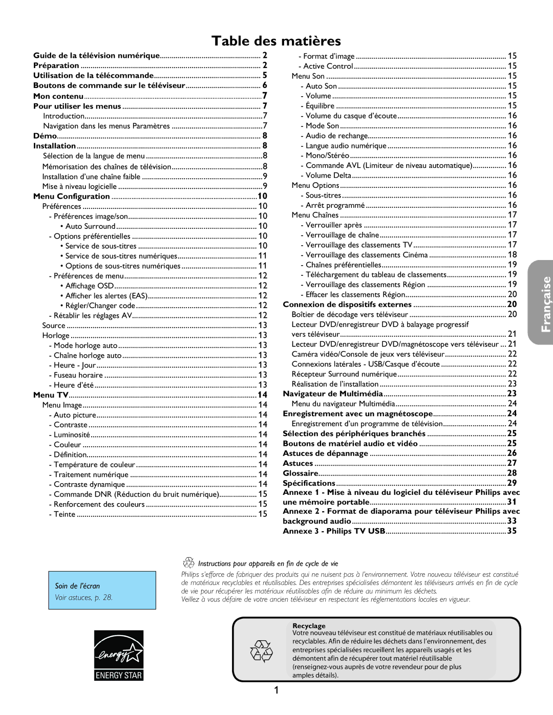 Philips 26PF5321D/37 user manual Annexe 2 Format de diaporama pour téléviseur Philips avec, Soin de l’écran Voir astuces, p 