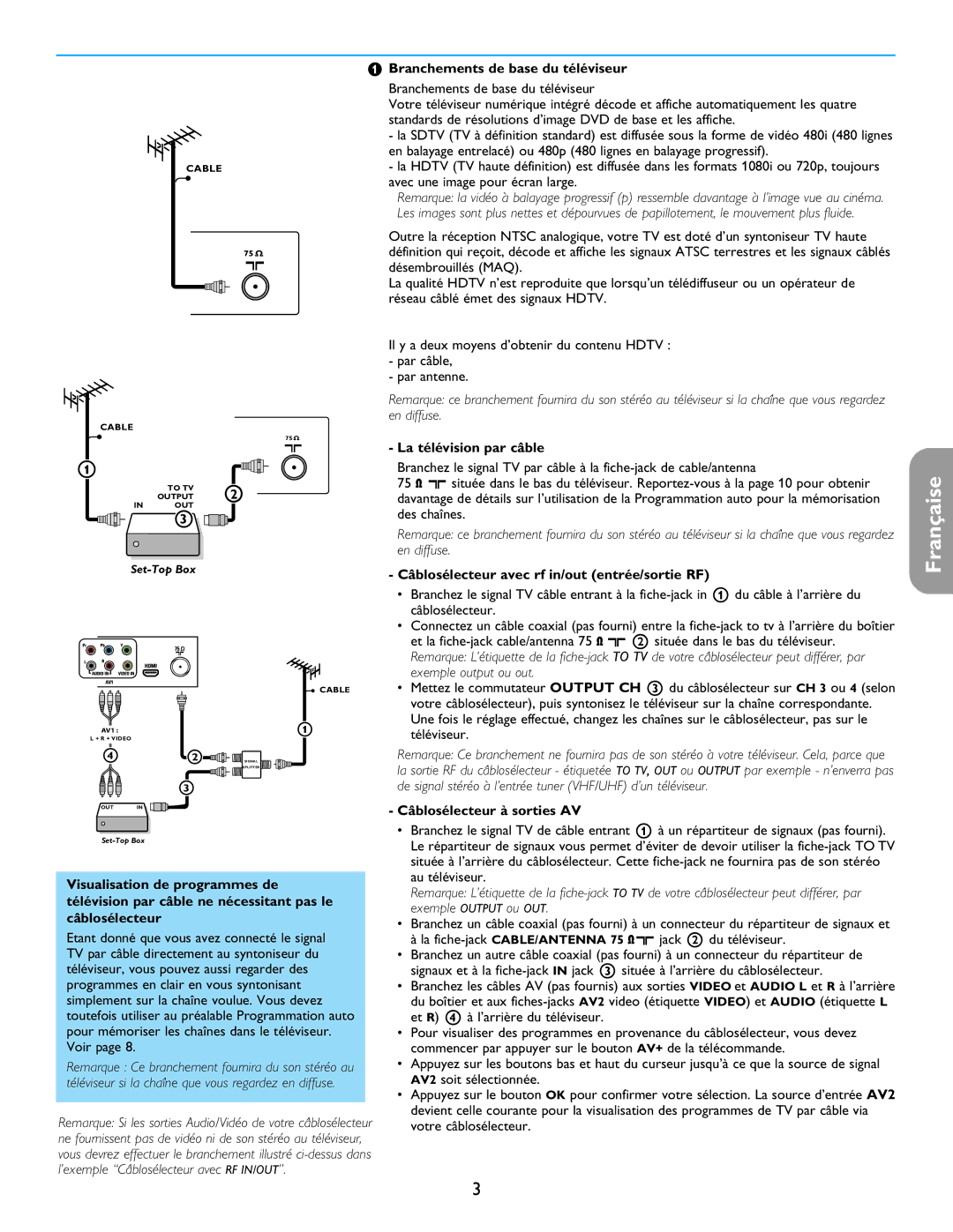 Philips 26PF5321D/37 user manual Branchements de base du téléviseur, La télévision par câble, Câblosélecteur à sorties AV 