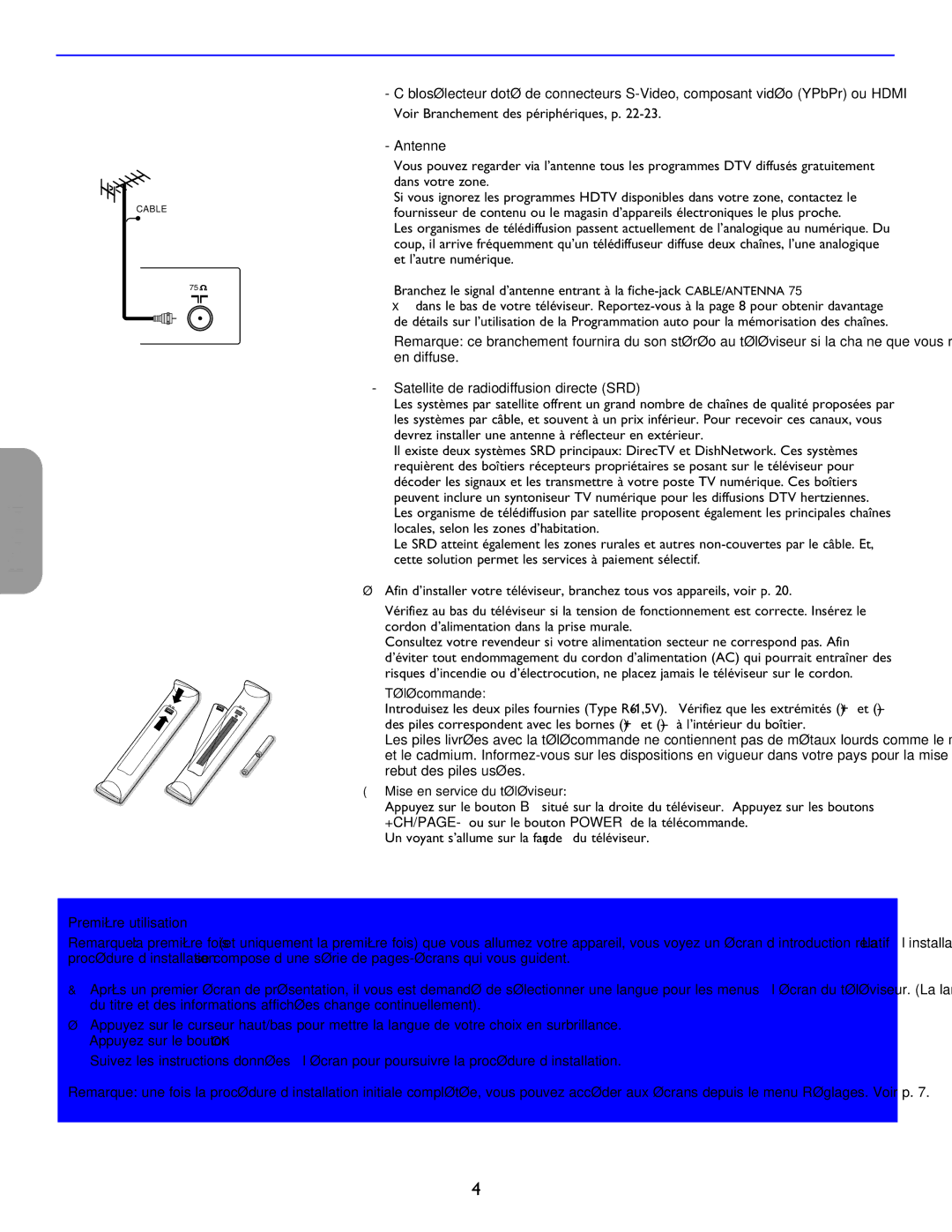 Philips 26PF5321D/37 user manual Antenne, En diffuse, Satellite de radiodiffusion directe SRD, ‘ Télécommande 