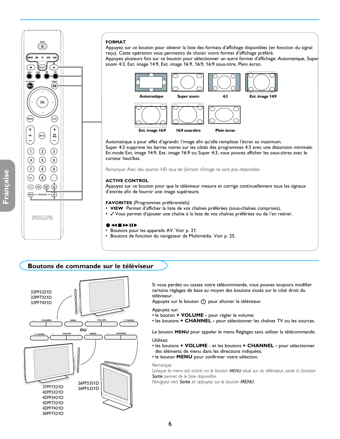 Philips 26PF5321D/37 user manual Boutons de commande sur le téléviseur, Format 