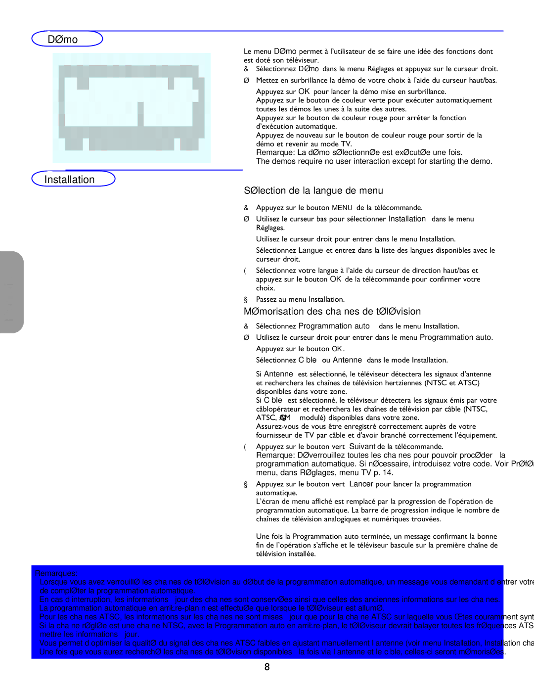 Philips 26PF5321D/37 user manual Démo, Sélection de la langue de menu, Mémorisation des chaînes de télévision 