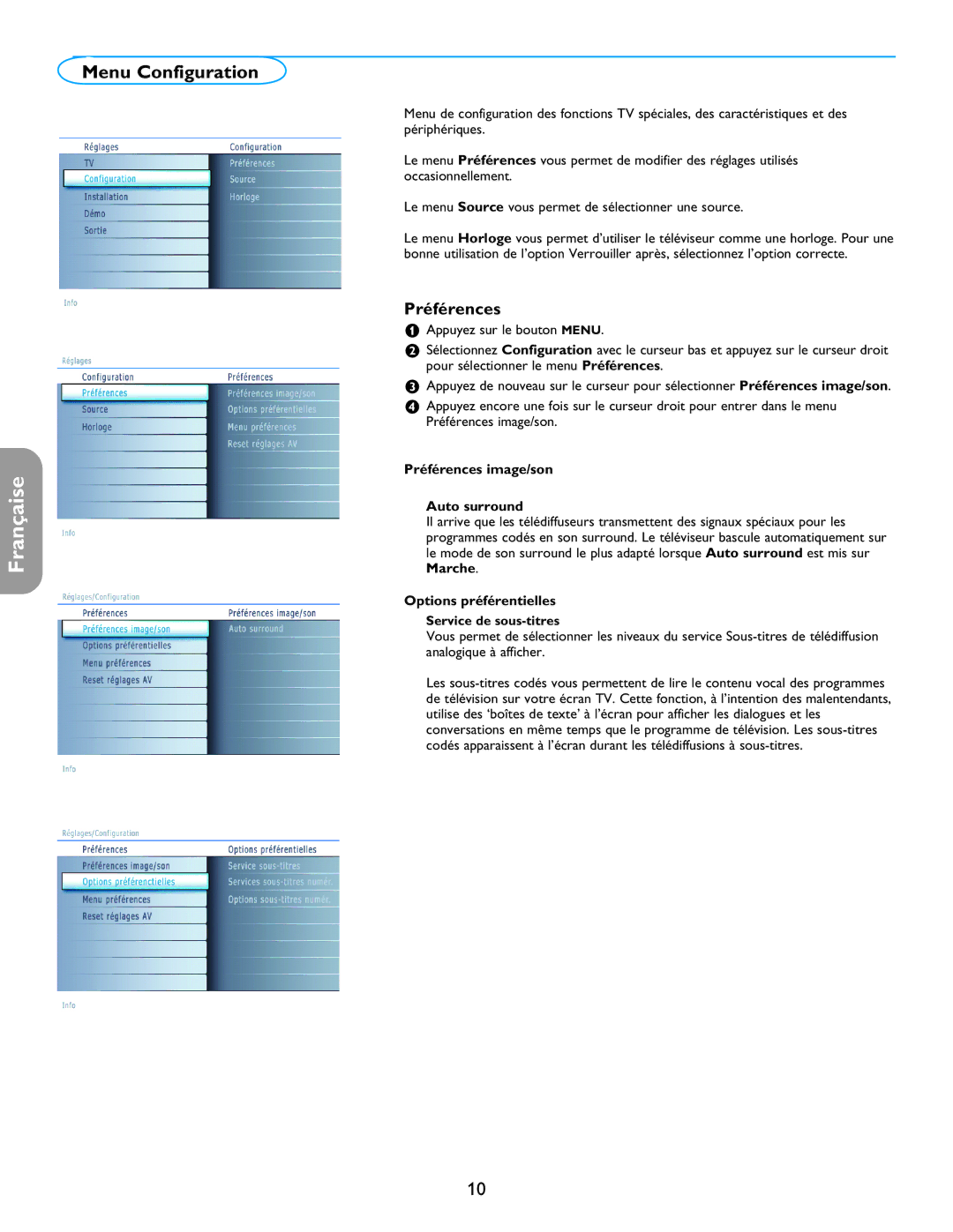 Philips 26PF5321D/37 user manual Menu Configuration, Préférences image/son Auto surround, Options préférentielles 