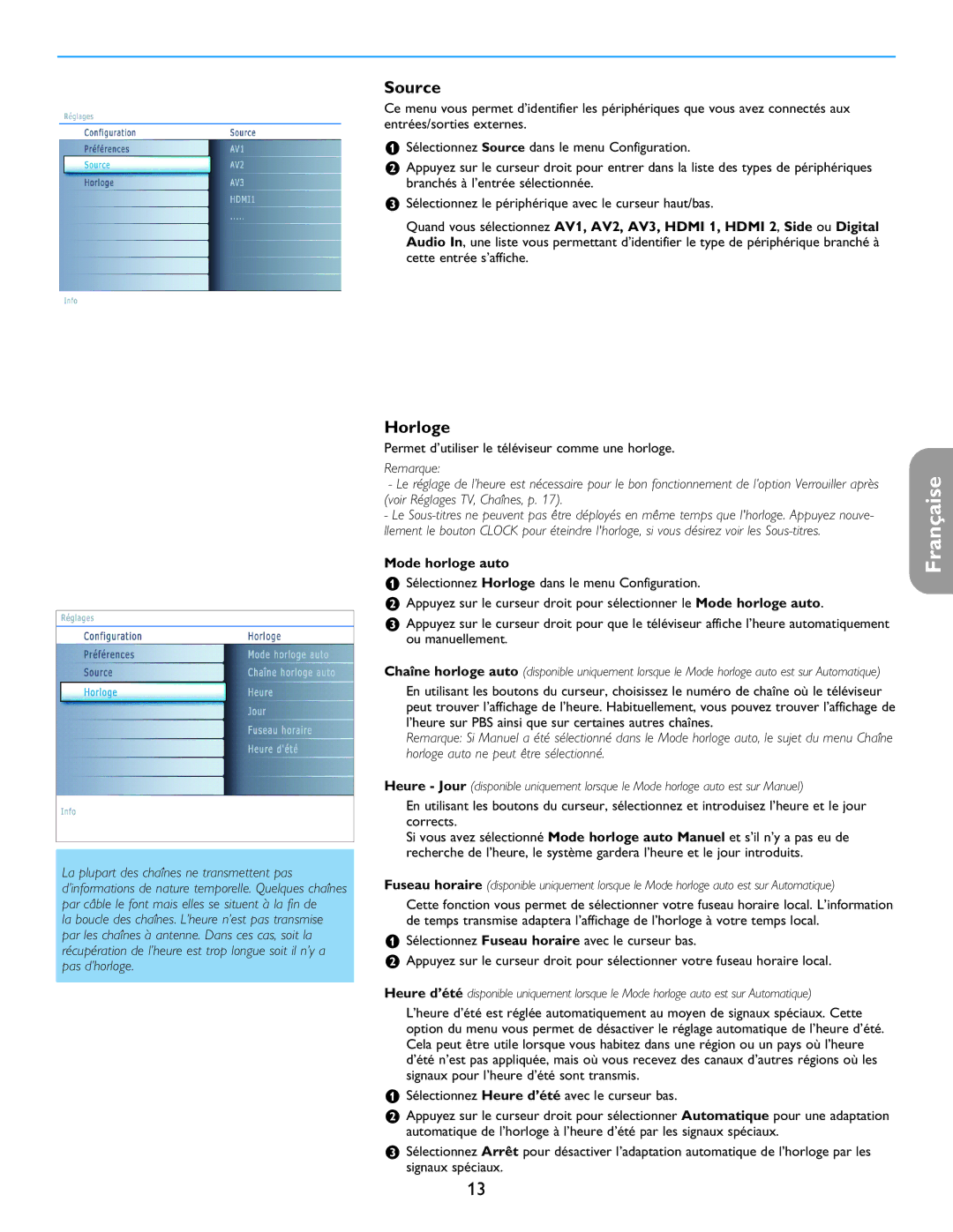 Philips 26PF5321D/37 user manual Horloge, Permet d’utiliser le téléviseur comme une horloge, Mode horloge auto 