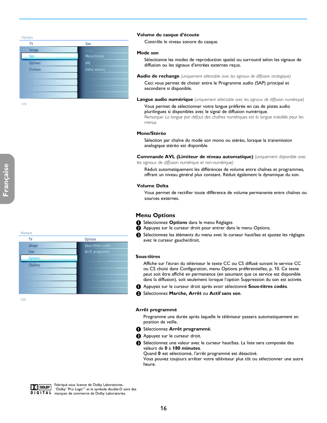 Philips 26PF5321D/37 user manual Menu Options 