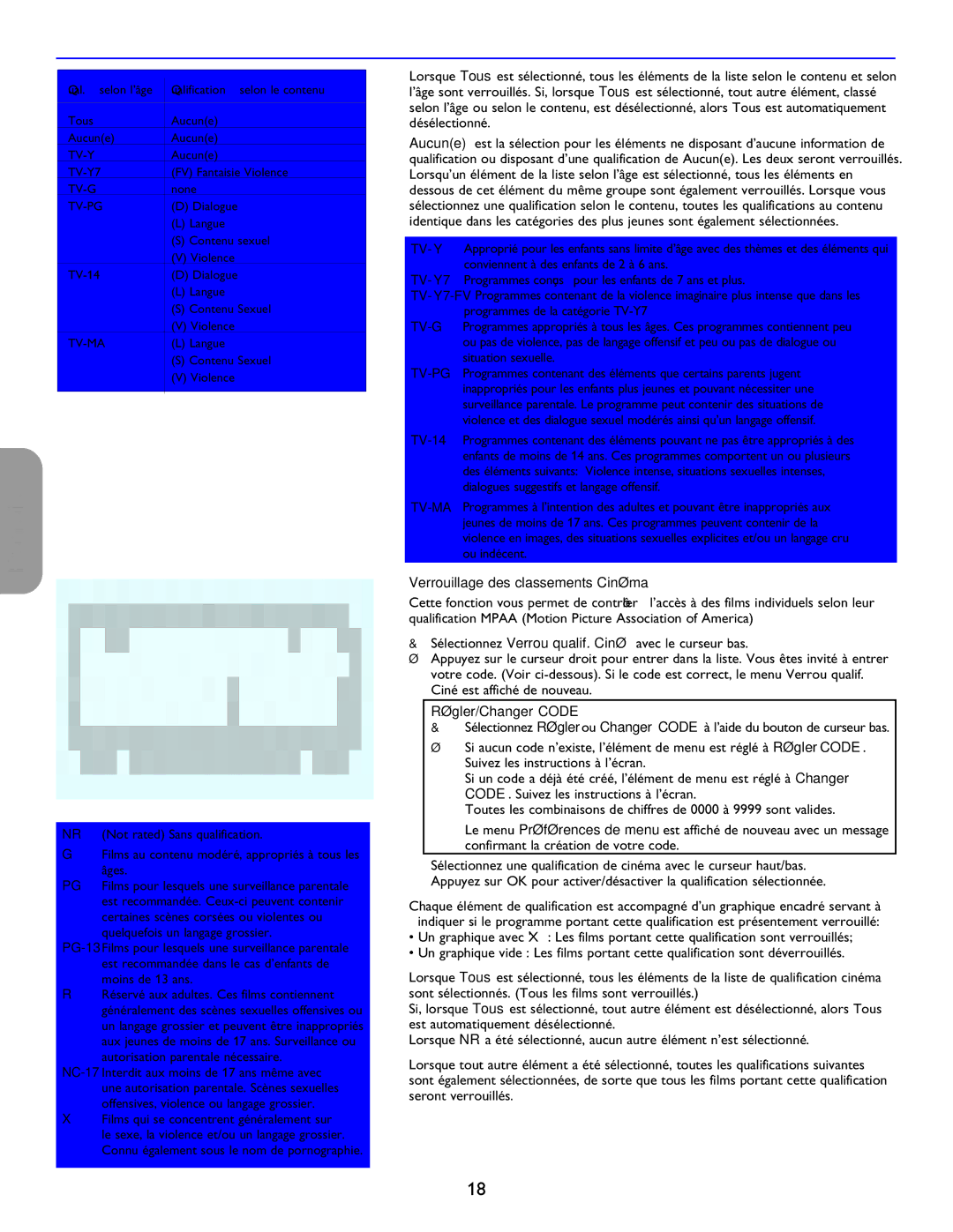 Philips 26PF5321D/37 user manual Verrouillage des classements Cinéma 