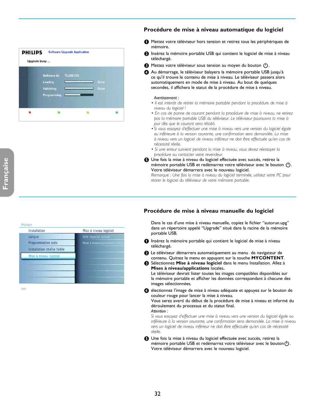 Philips 26PF5321D/37 Procédure de mise à niveau automatique du logiciel, Procédure de mise à niveau manuelle du logiciel 