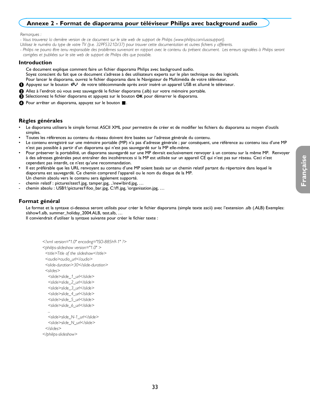 Philips 26PF5321D/37 user manual Règles générales, Format général, ‘ Pour arrêter un diaporama, appuyez sur le bouton ‡ 