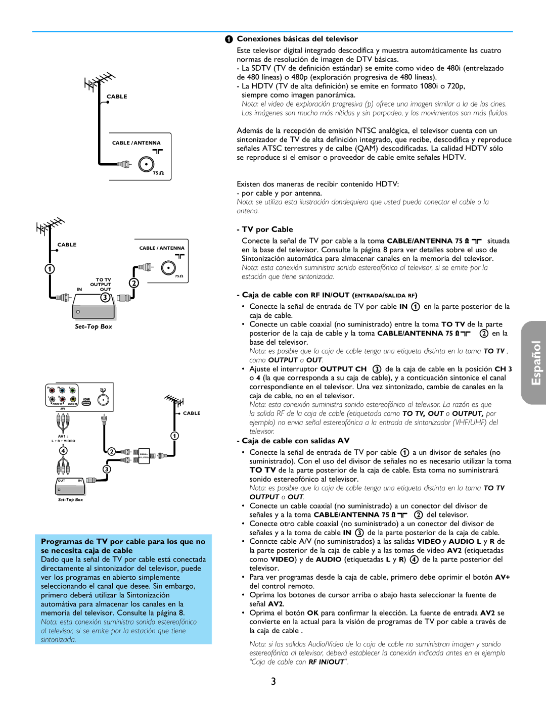 Philips 26PF5321D/37 Conexiones básicas del televisor, TV por Cable, Caja de cable con rf in/out entrada/salida rf 