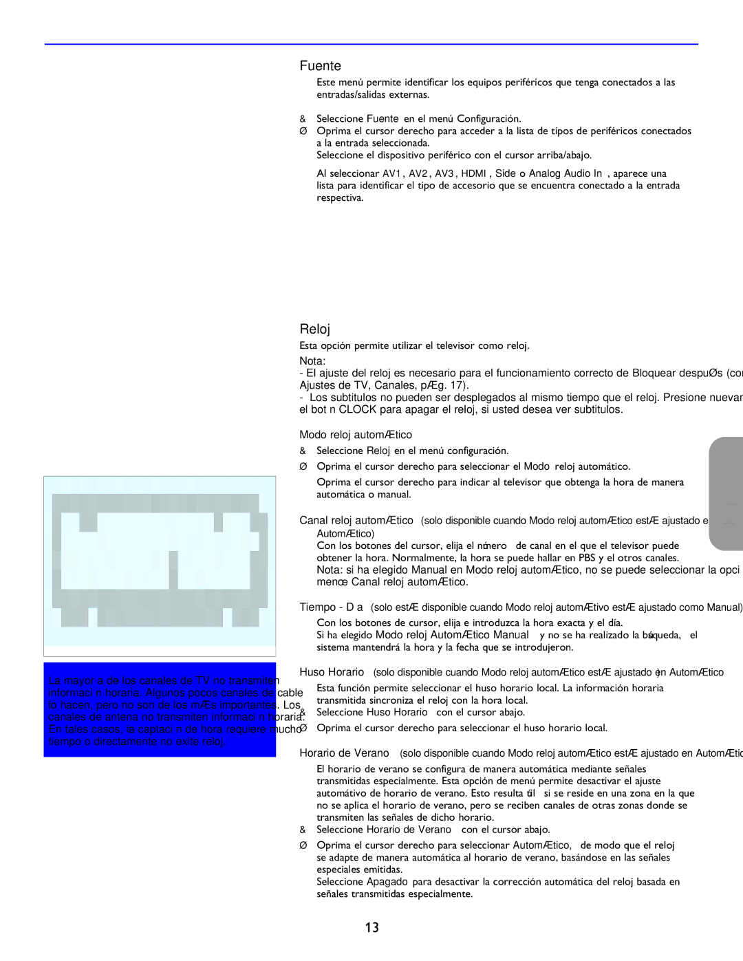 Philips 26PF5321D/37 user manual Fuente, Reloj, Esta opción permite utilizar el televisor como reloj, Modo reloj automático 