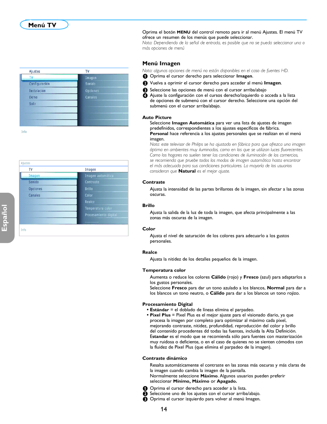 Philips 26PF5321D/37 user manual Menú TV, Menú Imagen 