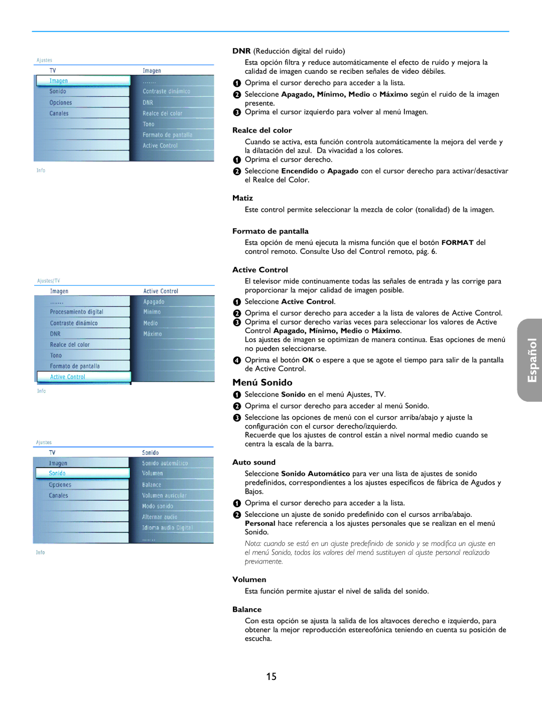 Philips 26PF5321D/37 user manual Menú Sonido, Realce del color, Matiz, Formato de pantalla, Volumen 