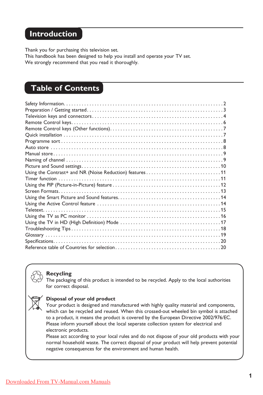 Philips 42PF5411, 26PF5411, 32PF7411, 32PF5411 manual Introduction, Table of Contents 