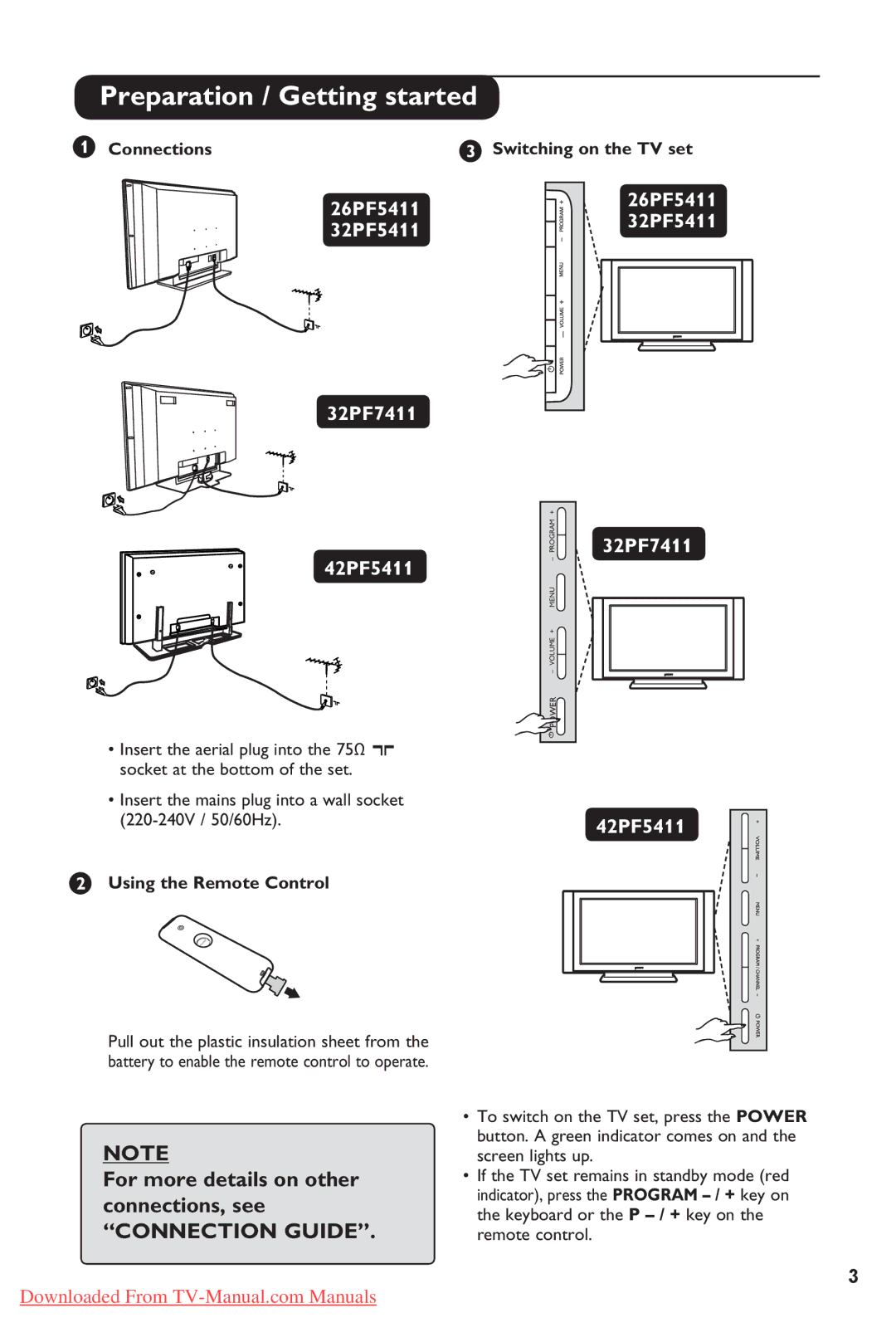 Philips 32PF7411, 26PF5411, 32PF5411, 42PF5411 manual Preparation / Getting started, Using the Remote Control 