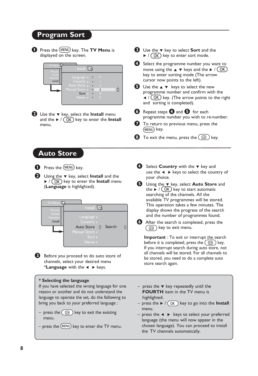 Philips 32PF7411, 26PF5411, 32PF5411 manual Program Sort, Auto Store, Selecting the language 