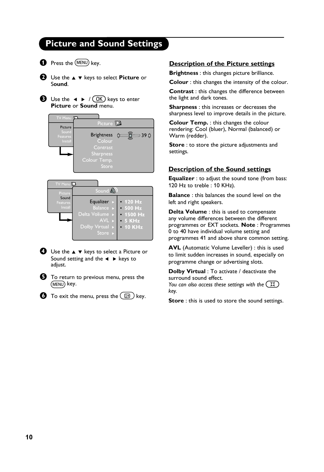 Philips 26PF5411 manual Picture and Sound Settings, Description of the Picture settings, Description of the Sound settings 