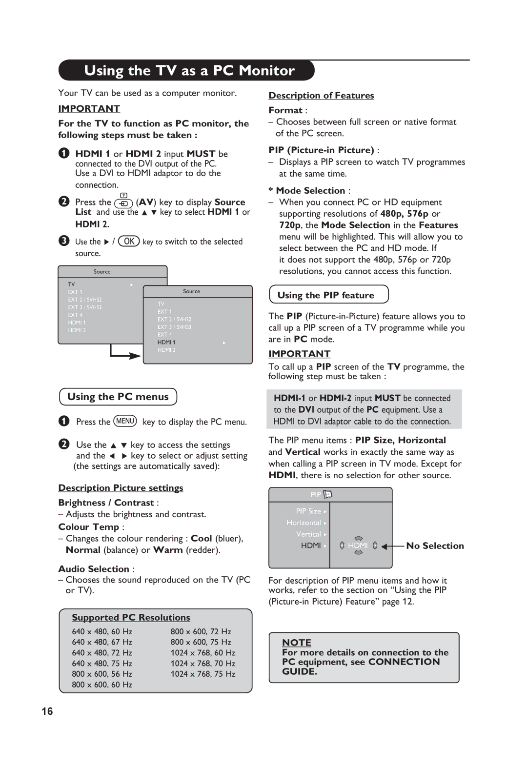 Philips 26PF5411, 32PF7411, 32PF5411 manual Using the TV as a PC Monitor, Using the PC menus 