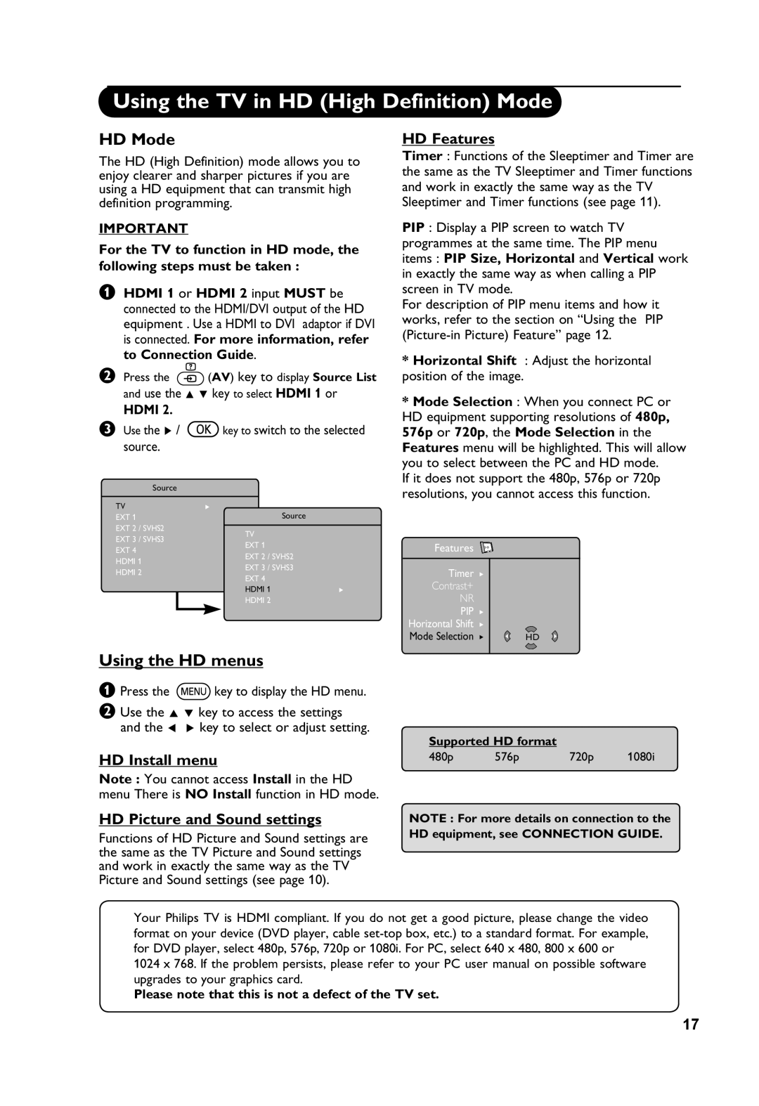 Philips 32PF7411 manual Using the TV in HD High Definition Mode, HD Install menu HD Picture and Sound settings, HD Features 